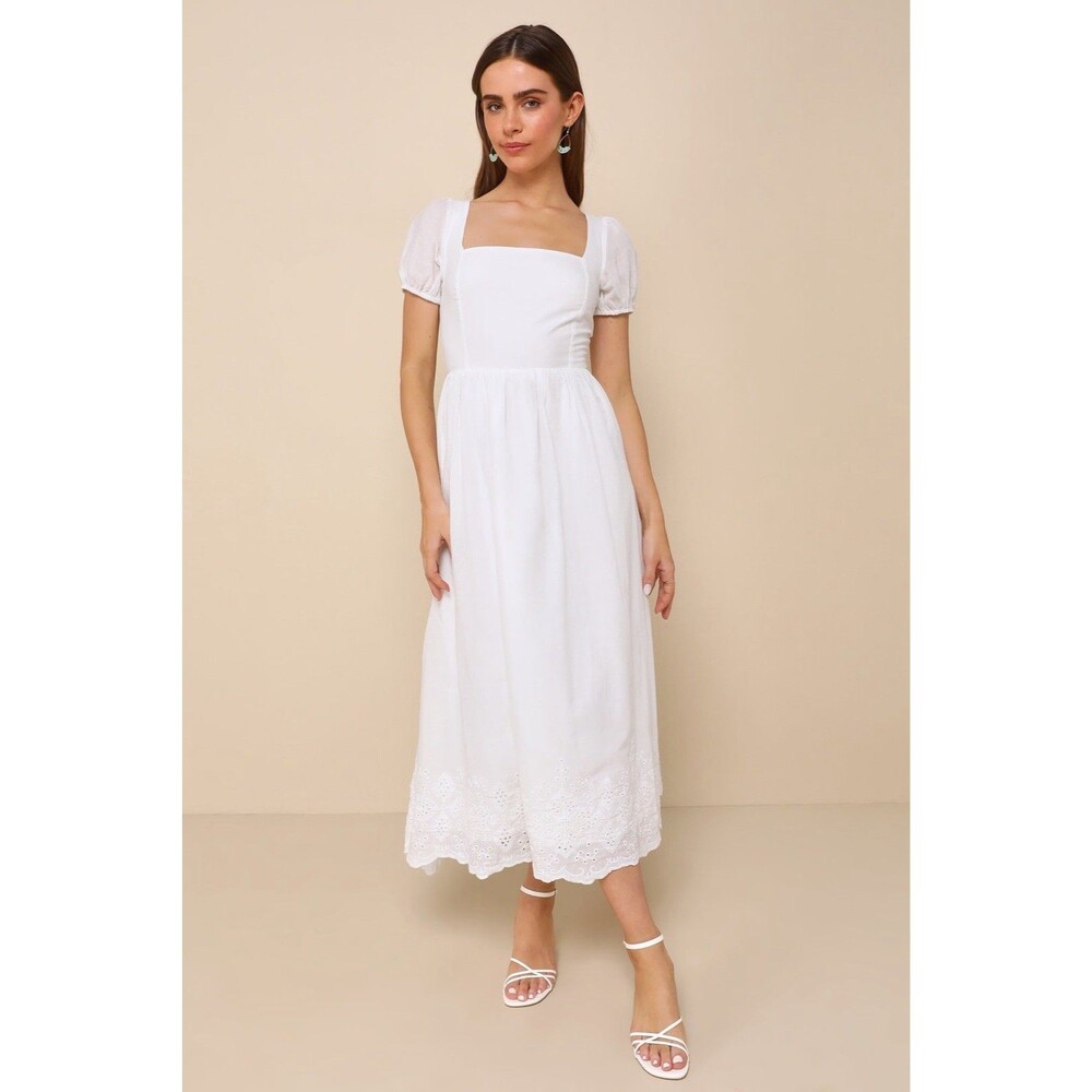 White Square-Neck Midi Dress with Eyelet Hem